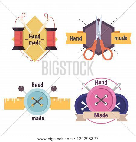 Handmade workshop logo set for sewing,handmade artist or knitwear company.Flat Vector illustration