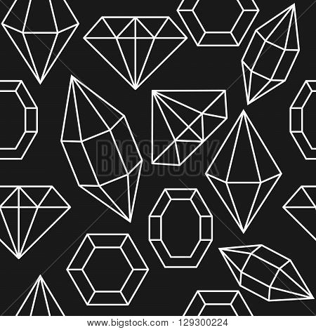 Diamond gem shape seamless pattern. Diamond white geometric outline objects on dark grey background.