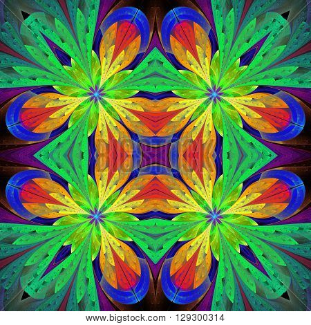 Multicolored symmetrical pattern in stained-glass window style on light. Artwork for creative design art and entertainment.