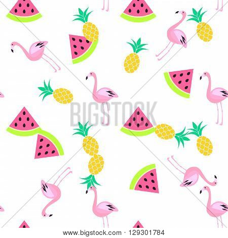 Tropic summer seamless white pattern with watermelon, flamingo and pineapples. Pink and yellow fun pattern.