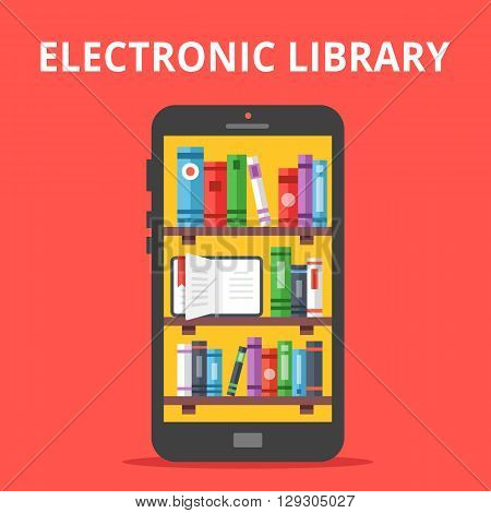 Online library on mobile phone screen. Flat illustration. Electronic library concept. Modern flat design concepts for web banners, web sites, printed materials, infographics. Vector illustration