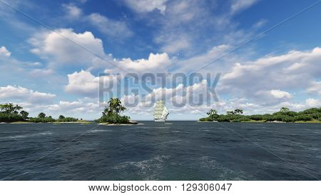 Seascape with a sailboat in the distance against a cloudy sky and island with palm trees