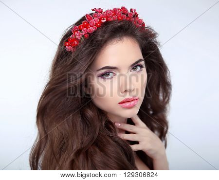 Beauty Woman With Chaplet, Face Portrait. Beautiful Girl Model With Makeup. Brunette Female Looking