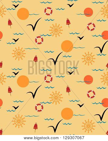 Sea pattern. Seamless sea pattern. Pattern for print textile,  packing. Pattern with wave seagull, ship wheel and bell.