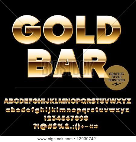 Vector set of chic gold alphabet letters, numbers and punctuation symbols. Sans ultra bold style
