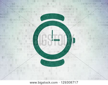 Time concept: Painted green Watch icon on Digital Data Paper background