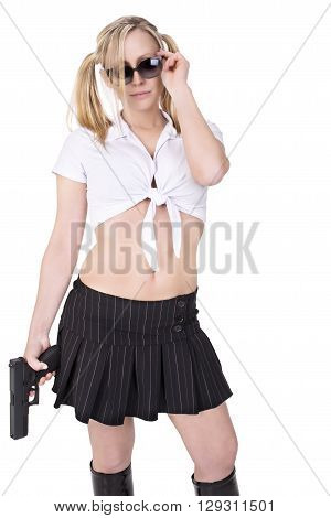 Sexy woman holding gun, isolated on white background.