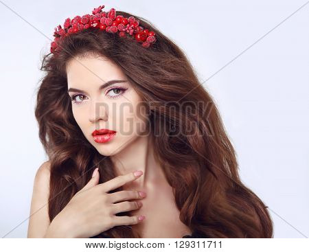 Beautiful Girl Model With Chaplet On The Head. Long Brown Wavy Hair. Makeup. Care. Woman Isolated On