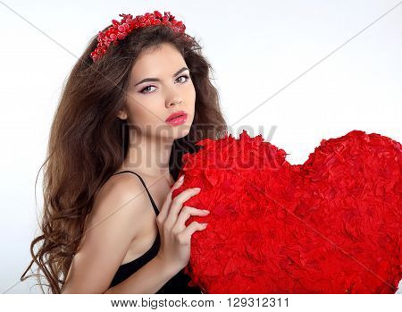 Beautiful Brunette Girl With Red Heart Gift For Valentines Day. Beauty Portrait Of Young Woman With