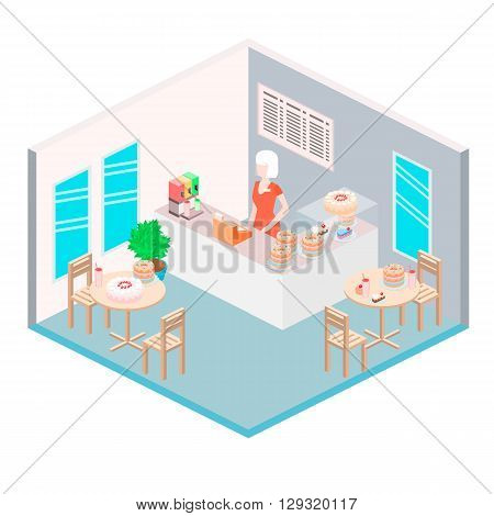 Isometric Interior Of Sweet-shop. People Sit At The Table And Eating.