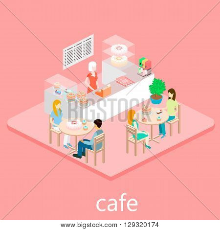 Isometric Interior Of Sweet-shop. People Sit At The Table And Eating.