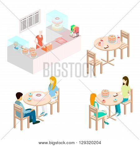 Isometric Interior Of Sweet-shop. People Sit At The Table And Eating.