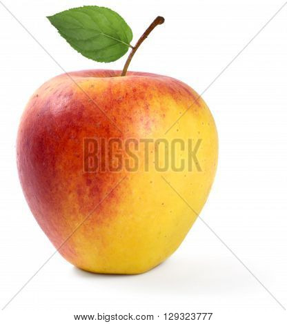 Organic apple with leaf, isolated on white background.