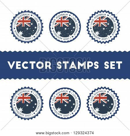 I Love Australia Vector Stamps Set. Retro Patriotic Country Flag Badges. National Flags Vintage Roun