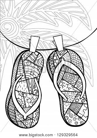 Hand drawn zentangle of flip flops at the beach for coloring book