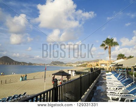 CABO SAN LUCAS, MEXICO - AUGUST 8, 2014: Unidentified people at RIU Santa Fe Hotel at Cabo San Lucas Mexico. It is a 5 star hotel at Baja California with 902 guest rooms.