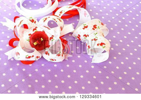 Beautiful bright bow of ribbon, children hair accessory, ribbon set