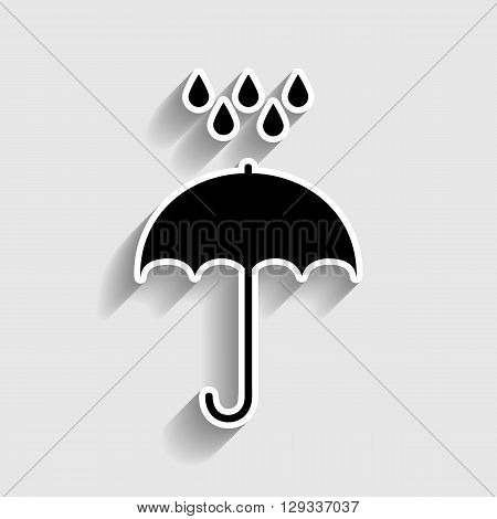 Umbrella with water drops. Rain protection symbol. Flat design style. Sticker style icon with shadow on gray.