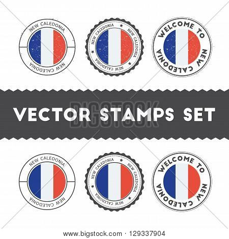 New Caledonian Flag Rubber Stamps Set. National Flags Grunge Stamps. Country Round Badges Collection