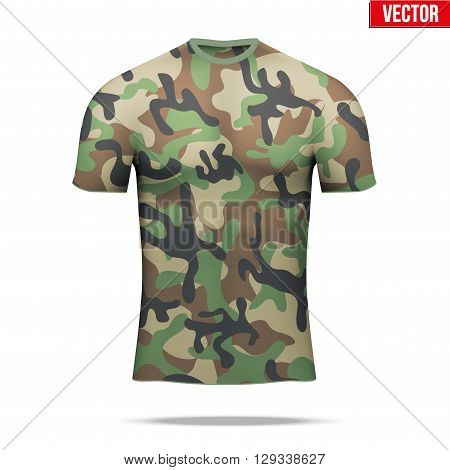 Base layer underwear compression t-shirt of thermal fabric  in woodland camouflage style. Sample typical technical illustration.  Vector Illustration isolated on white background