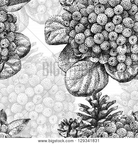 Seamless pattern with different plants drawn by hand with black ink. Graphic drawing pointillism technique