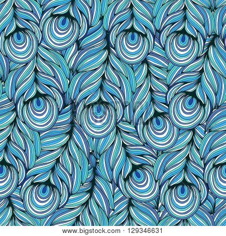 Seamless pattern with stylized turquoise feather. Freehand drawing. Vector illustration