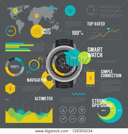 Premium quality flat color smart watch infographic on dark background. Modern web graphics thin line icons set. 
Simple mono outline symbol collection and vector pictogram pack.
