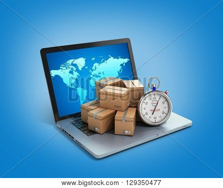 Cardboard Boxes Package Parcels And Laptop - Logistic, Cargo, Delivery, And Shipping Concept.3D Rend