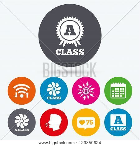 Wifi, like counter and calendar icons. A-class award icon. A-class ventilation sign. Premium level symbols. Human talk, go to web.