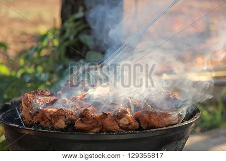 Meat on barbecue grill with smoke. Cooking