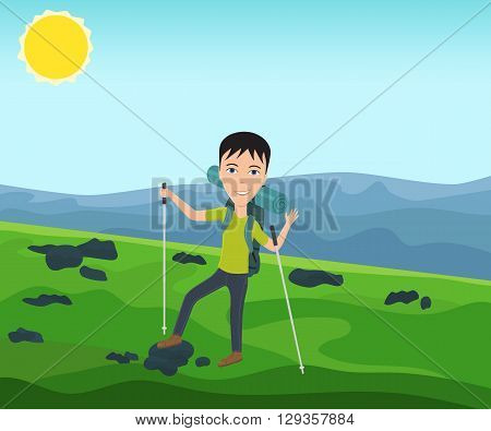 Funny man with a backpack goes hiking and waves his hand. Theme of hiking, walking, trekking, climbing. Vector illustration.