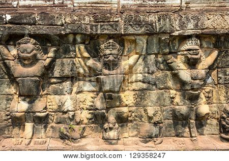 Terrace of the Leper King at Angkor Thom complex Siem Reap Cambodia