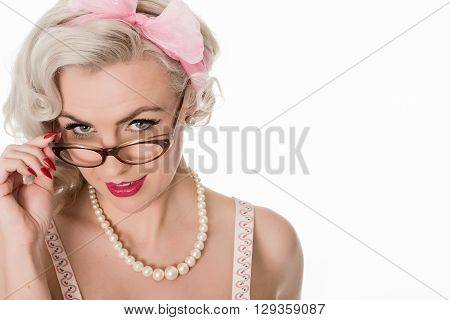 Cute Studious Girl Wearing Spectacles, Isolated On White, Horizontal Format