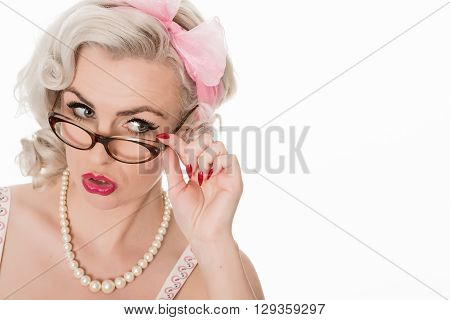 Cute Studious Girl Wearing Spectacles, Isolated On White, Horizontal Format, Space For Text