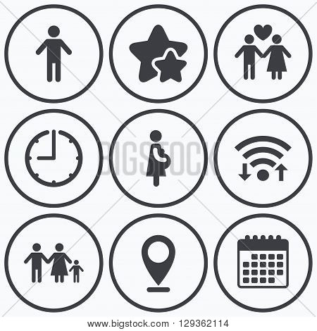 Clock, wifi and stars icons. Family lifetime icons. Couple love, pregnancy and birth of a child symbols. Human male person sign. Calendar symbol.