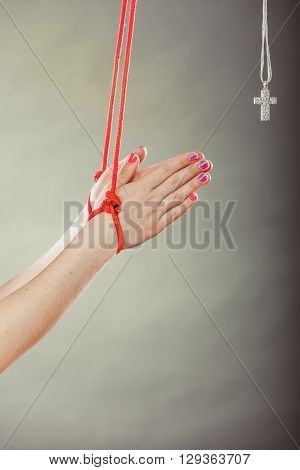 Tied Hands. Human Forced To Pray. Fake Faith.