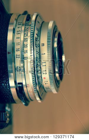 rangefinder camera lens closeup with retro colour-cast