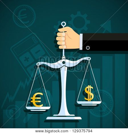 Human hand holds scale with world currency. Dollar and euro. Stock Exchange. Stock vector illustration.