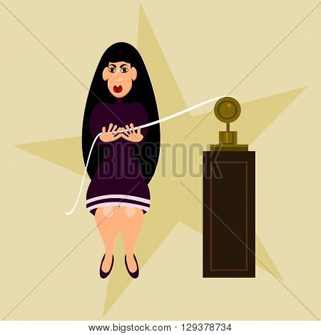 Black-haired girl in a purple dress anxiously viewing the tape of the telegraph.