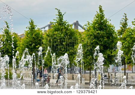 fountain about Pedestrian park Muzeon Arts. Moskow. Russia. focus is on first jet