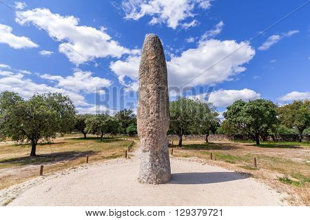 The Standing Stone / Menhir of Meada, the largest of the Iberian Peninsula. A mysterious monument from prehistory, with a phallic shape and representing fertility. Castelo de Vide, Portugal.