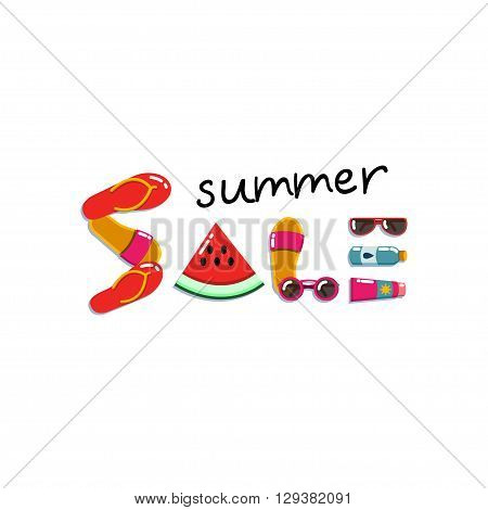 Summer sale, flat lay banner. Layout for seasonal clearance. It can be used in advertising, web design, graphic design. Vector illustration.