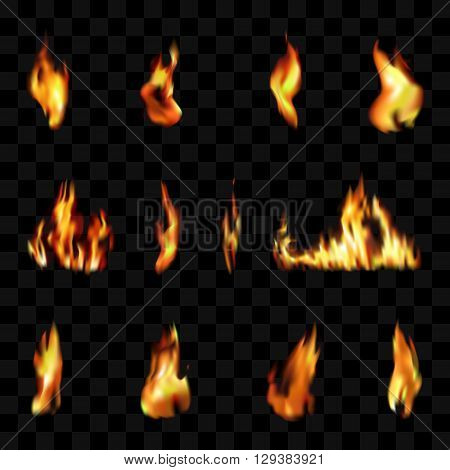 Vector illustration of transparent fire elements. Candle Fire elements. Fireplace elements. Fire Grill elements