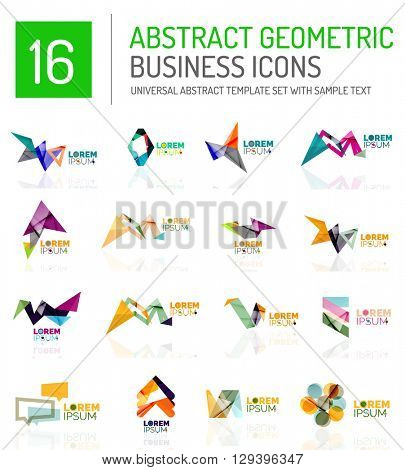 Abstract geometric business logo icon set. Colorful geometrical figure compositions with light effects - triangles circles rings arrows lines