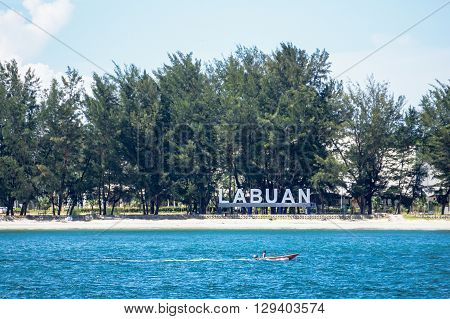Labuan,Malaysia-May 11,2016:A view of signboard of LABUAN  at Tg Purun Beach,Labuan island,Malaysia. Its show to all visitor and tourist for welcome to Labuan island.