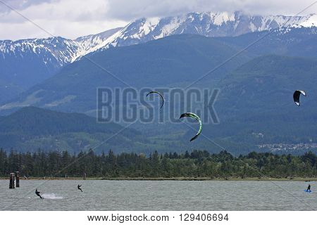 kitesurfers riding in the Howe sound at Squamish