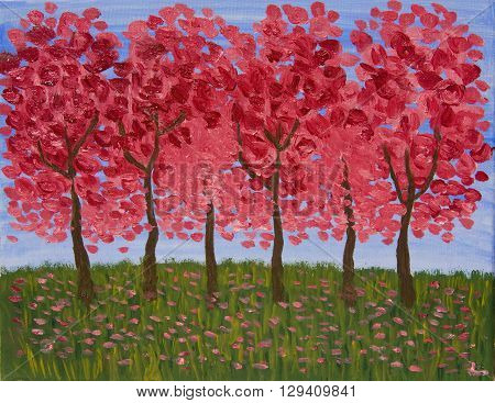 Spring garden in crimson colours oil painting.