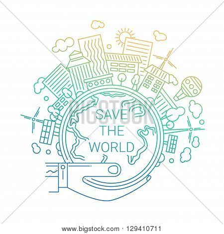 Illustration of vector modern line flat design city composition with the Earth in a hand and buildings and alternative energy infographics elements on it - gradient color.