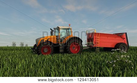 3d illustration of an orange tractor with fertilizer