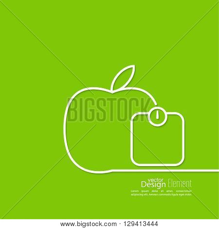 Apple with weights. The concept of  healthy diet and weight loss. outline. minimal. icon